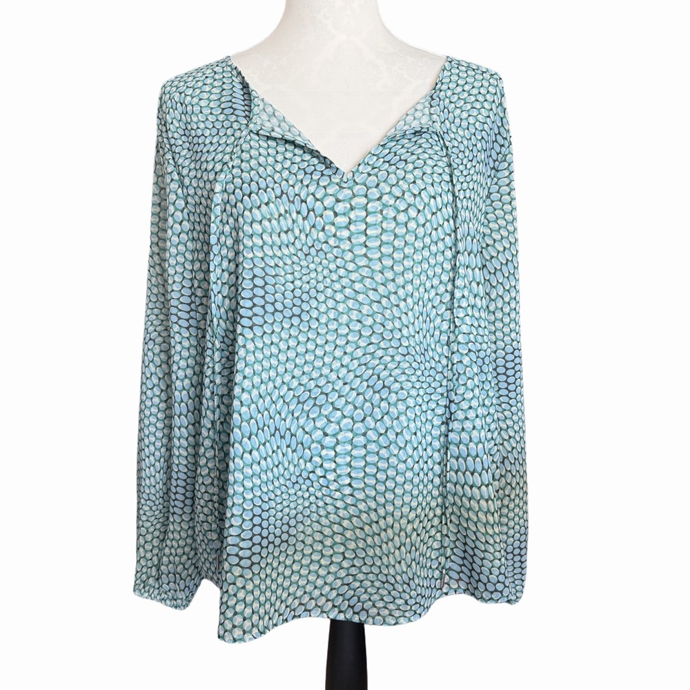 Liverpool Los Angeles Ocean Blue Dot Blouse | Tie Neck Boho Top | Size Large
